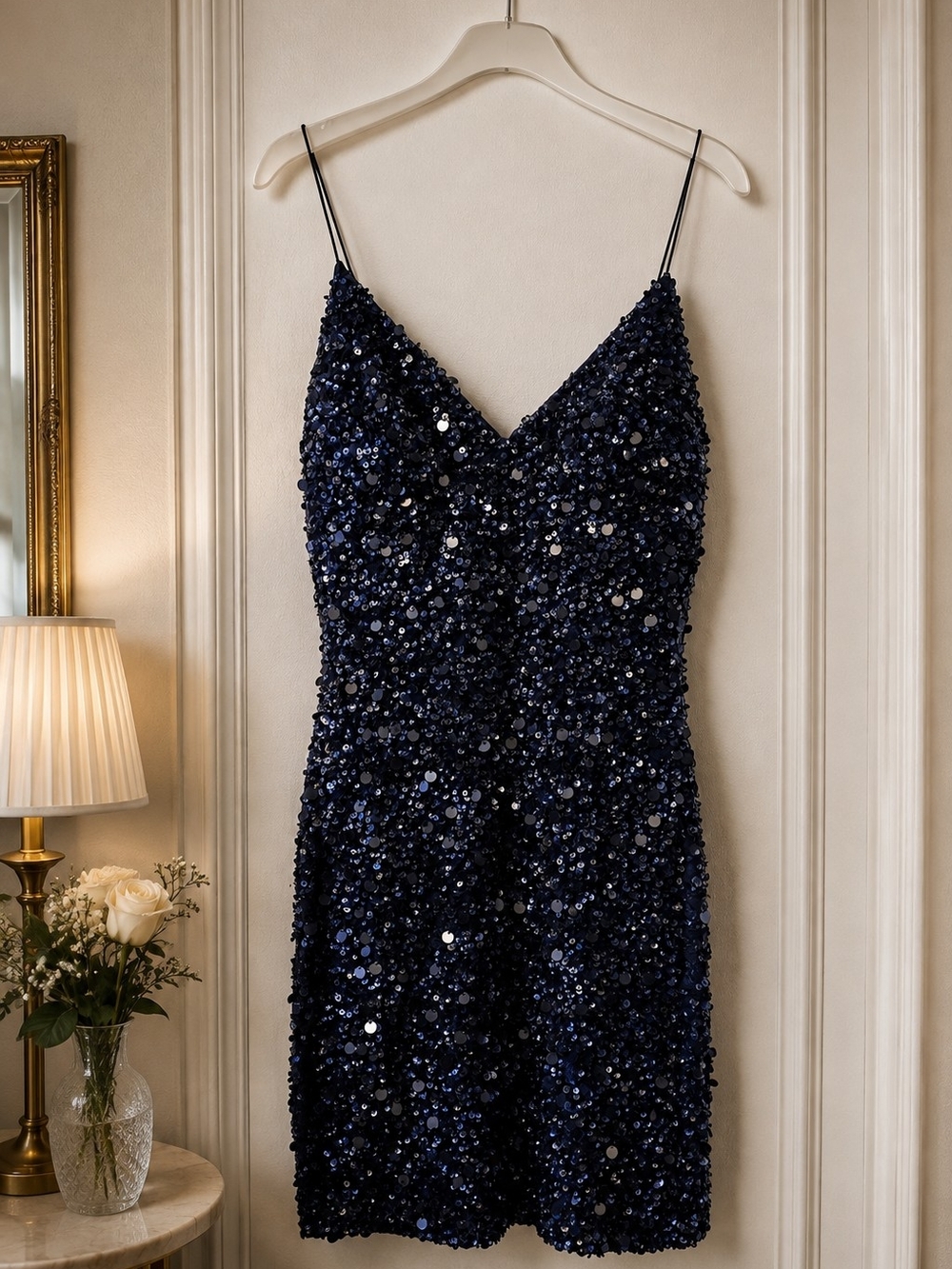 Adrianna Papell E! Red Carpet 100% Silk SNavy Sequin Spaghetti Strap Party Dress